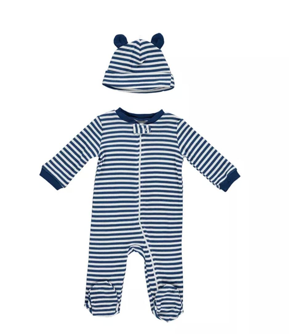 NWT Chick Pea Baby Boys Blue & White Footed Coverall and Hat, 2 Piece Set -6-9 M